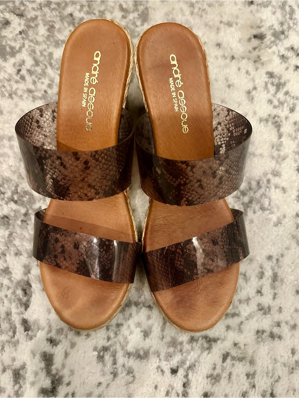 Andre Assous Brown Snake-Print Double Strap Slide Sandals
